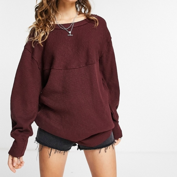 Unavailable. NWOT FREE PEOPLE OG Volume Sleeves Thermal Pullover in Cherry Cola - Picture 1 of 12